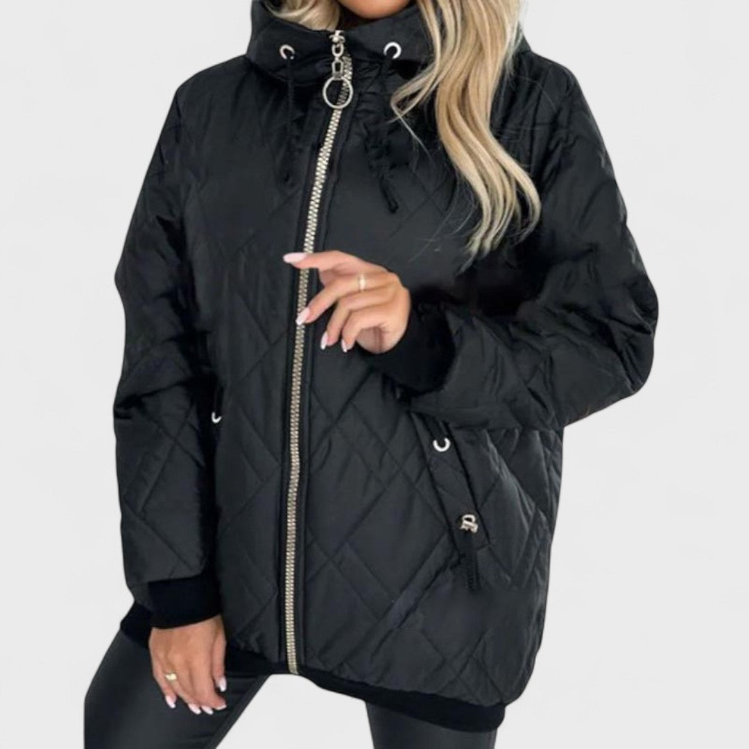 Мария - Стилен пухкав зимен яке с качулка и златен цип